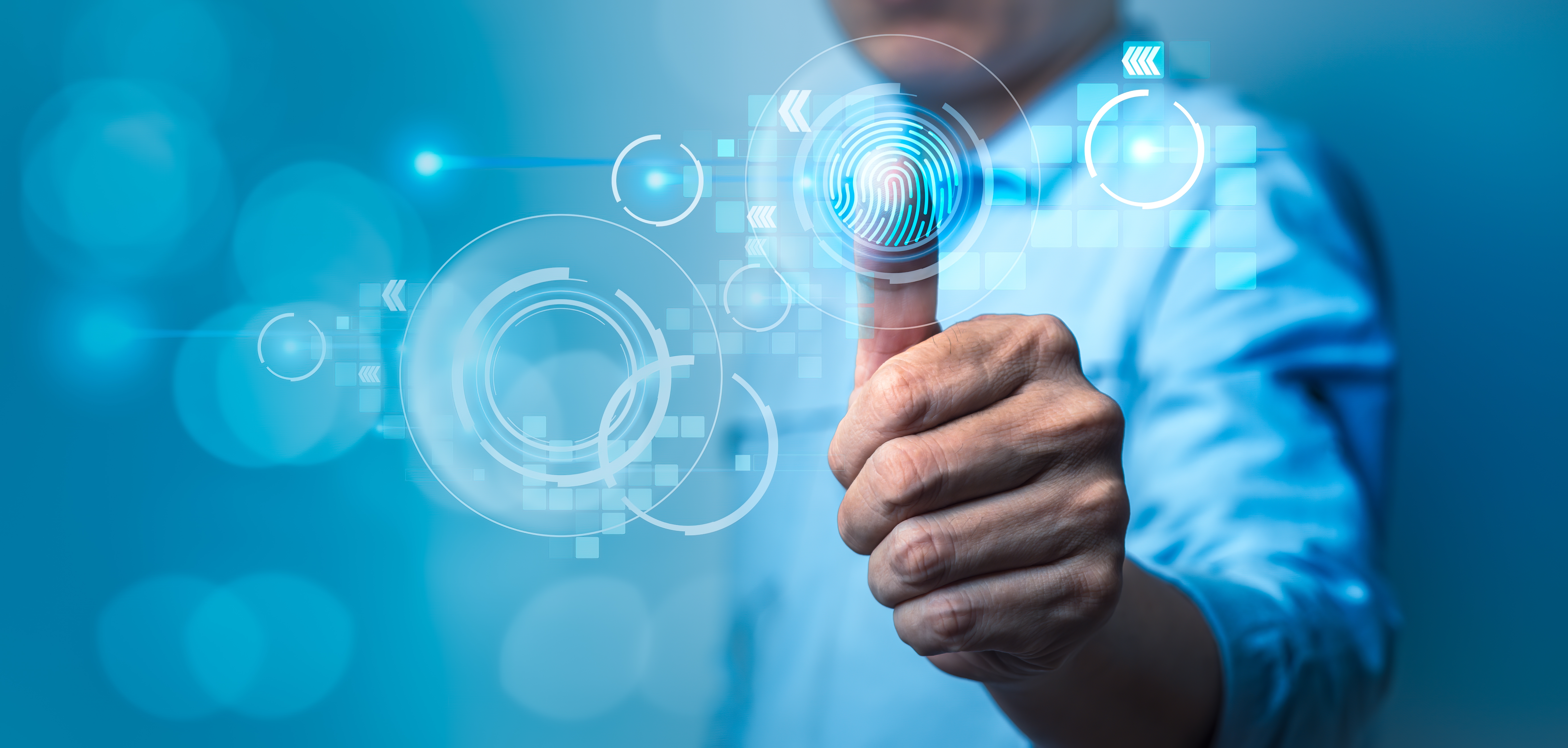 Businessman using fingerprint identification to access and protecting data personal information on cyber security network. Data protection privacy concept