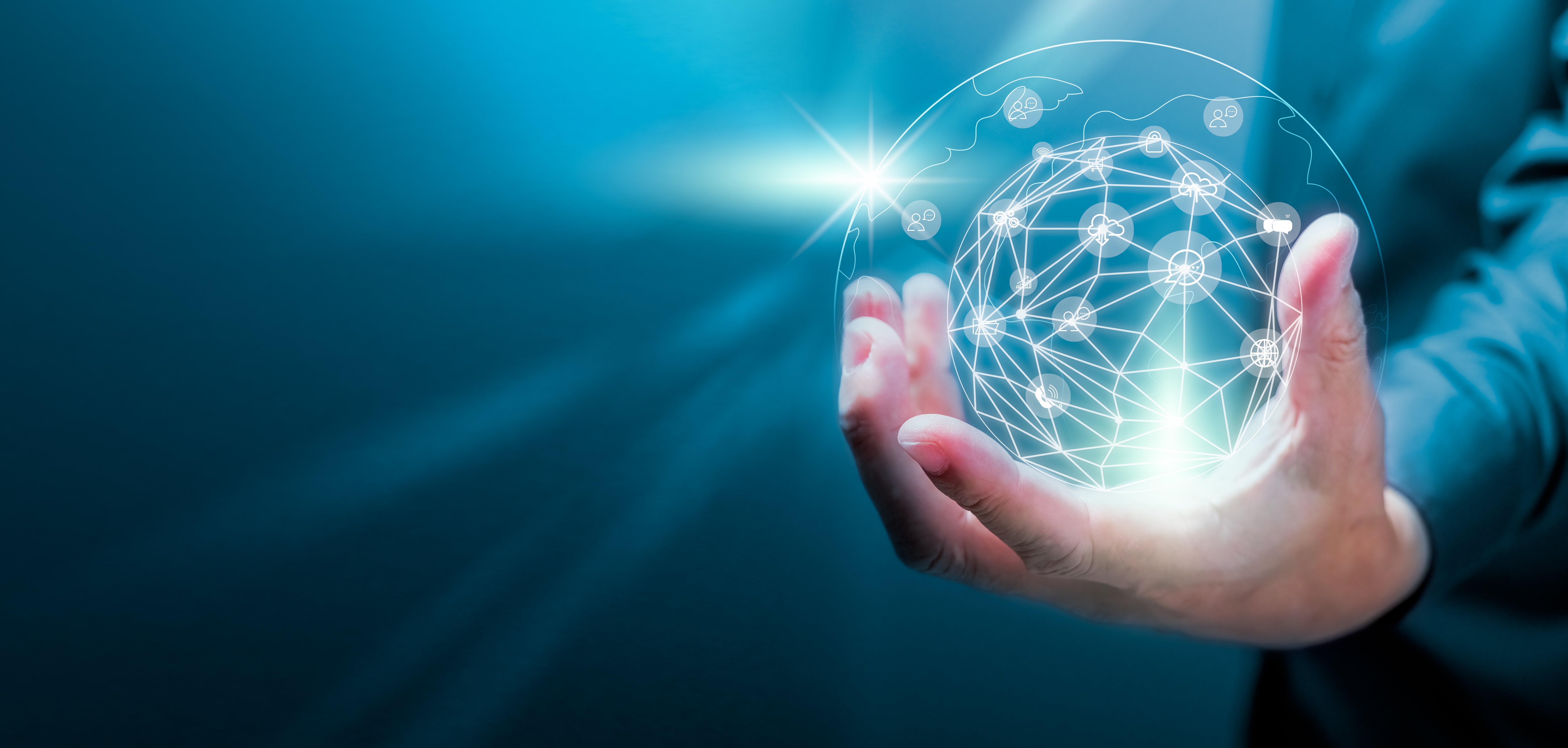 Businessman holding of global data network and social network of databases. Social media technology online Connect